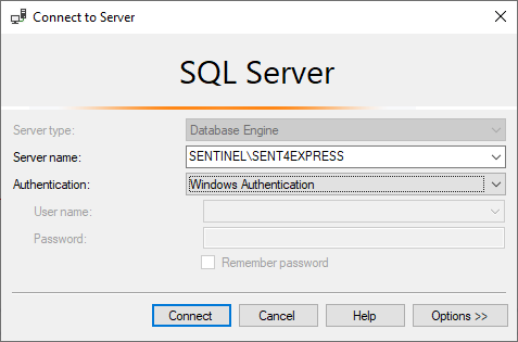 Microsoft SQL Server Management Studio server connection dialog