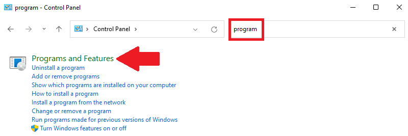 Windows Control Panel, Search for Program and Features